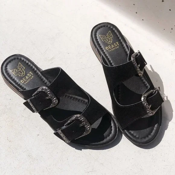 NEW Black Faux Suede Western Metal Buckled Straps Slides Slip On Sandals Shoes - Picture 5 of 12